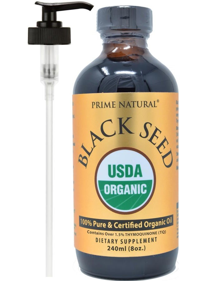 Prime Natural زيت الحبة السوداء العضوي 8 أونصات | معصور على البارد غير مكرر عالي الثيموكينون 1.7% معتمد من وزارة الزراعة الأمريكية | أصل تركي سائل نقي قوي من النيجيلا سativa | نباتي أوميغا 3 6 9، مضاد للأكسدة - Image 1