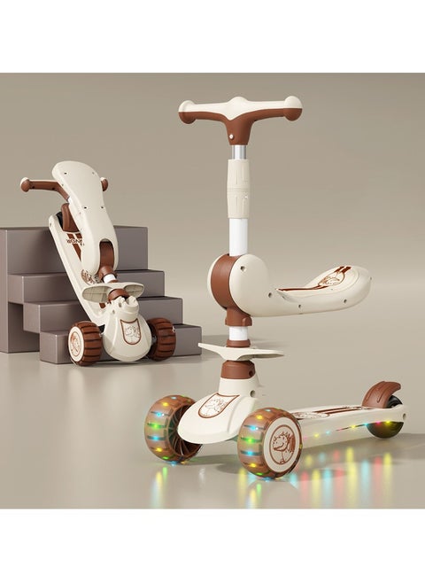 3in1 Scooter for Kids - Wheel LED Lights, Adjustable Lean-to-Steer Handlebar, and Foldable Seat - Sit or Stand Ride with Brake for Boys and Girls Ages 3-5 Years Old（Coffee Colour）