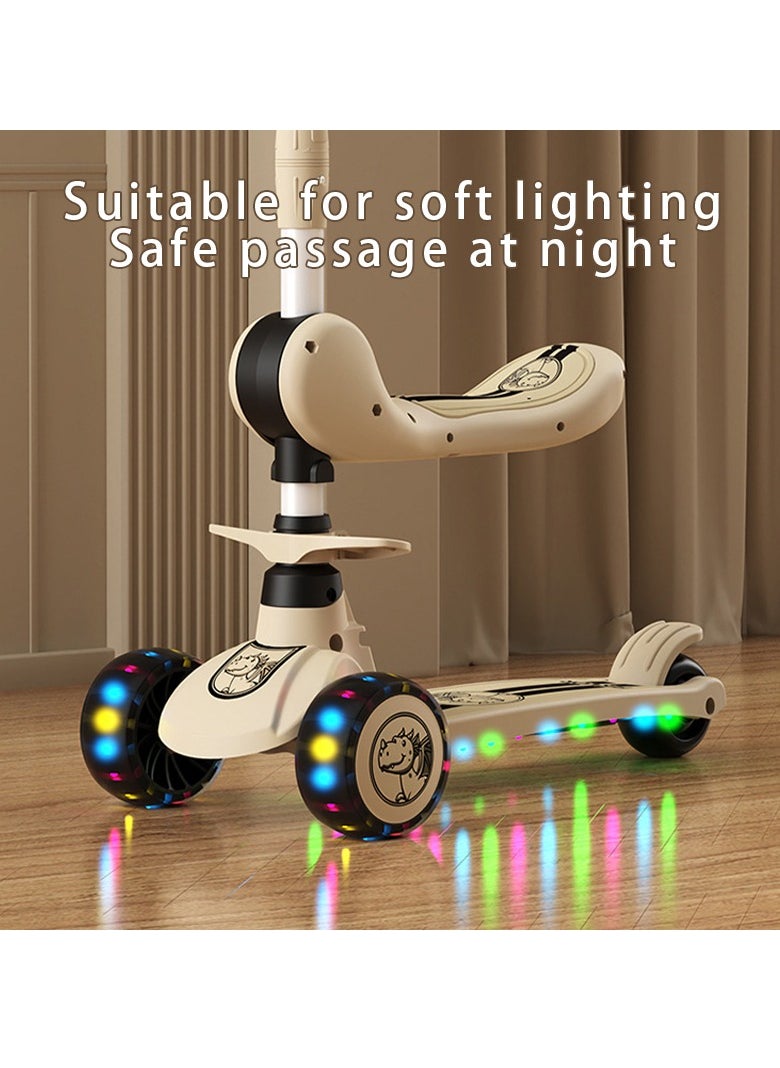 3in1 Scooter for Kids - Wheel LED Lights, Adjustable Lean-to-Steer Handlebar, and Foldable Seat - Sit or Stand Ride with Brake for Boys and Girls Ages 3-5 Years Old（Coffee Colour）