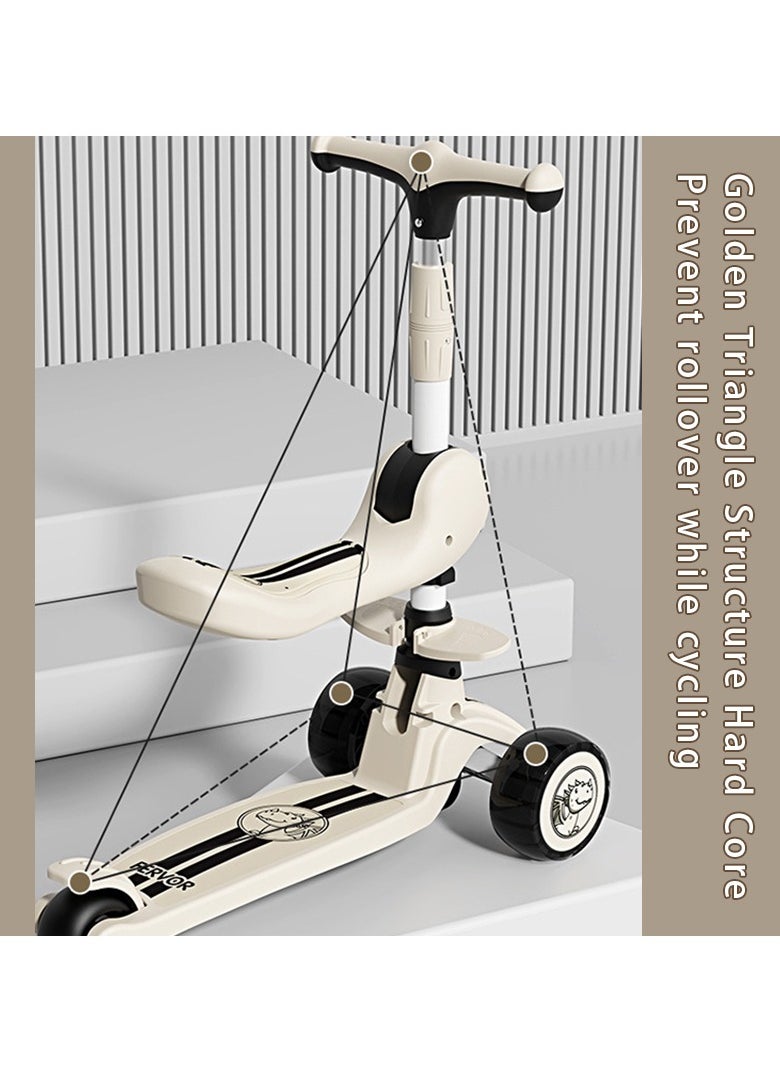 3in1 Scooter for Kids - Wheel LED Lights, Adjustable Lean-to-Steer Handlebar, and Foldable Seat - Sit or Stand Ride with Brake for Boys and Girls Ages 3-5 Years Old（Coffee Colour）