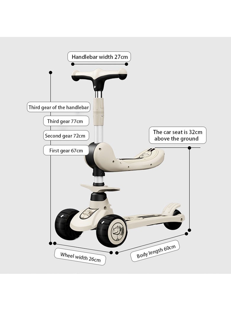 3in1 Scooter for Kids - Wheel LED Lights, Adjustable Lean-to-Steer Handlebar, and Foldable Seat - Sit or Stand Ride with Brake for Boys and Girls Ages 3-5 Years Old（Coffee Colour）