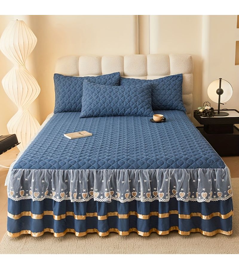 3pcs Premium Luxury Lace Bed Skirt Set Includes Bed Skirt And 2 Pillowcases Green Skin Friendly Breathable Soft Comfortable Quilted Thickened Warm Non Slip Mattress Protector For Autumn Winter 35 43 By 78 74 Inch - Image 2