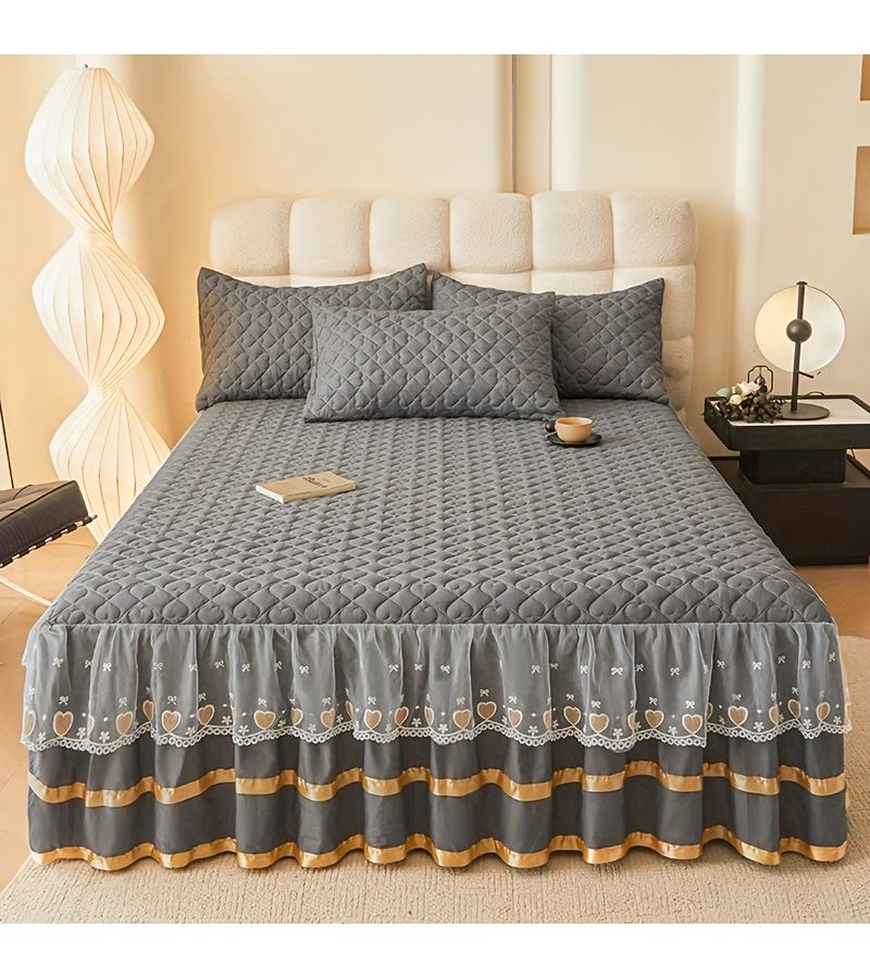 3pcs Premium Luxury Lace Bed Skirt Set Includes Bed Skirt And 2 Pillowcases Green Skin Friendly Breathable Soft Comfortable Quilted Thickened Warm Non Slip Mattress Protector For Autumn Winter 35 43 By 78 74 Inch - Image 1