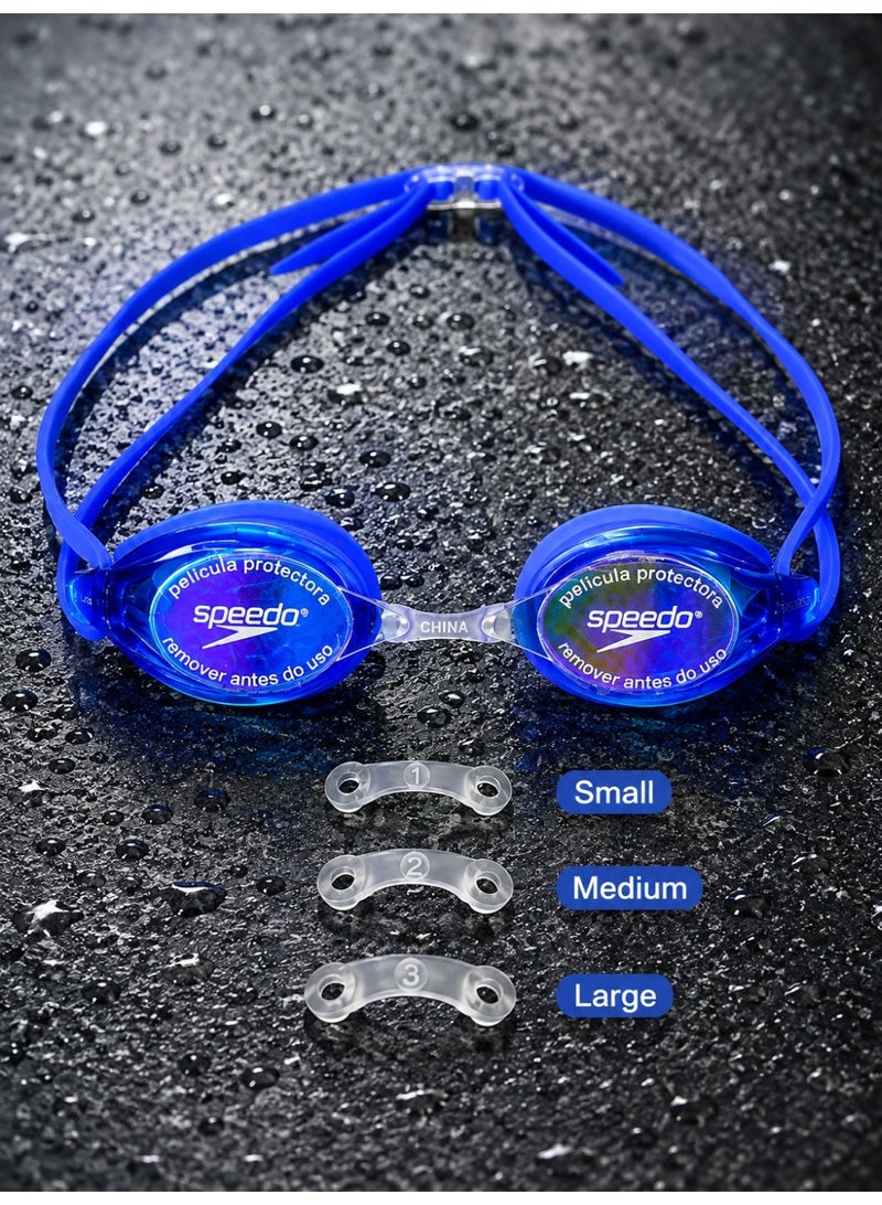 speedo Adult swimming goggles with anti-fog mirrored lenses and UV protection – 3 nose bridge sizes S/M/L, white silicone strap - Image 1