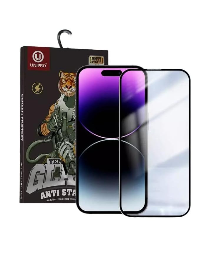 جيلاتين واقي شاشة unipro ثلاثي الأبعاد لهاتف iPhone 15 Pro – لاصق كامل، مضاد للكهرباء الساكنة، صلابة 9H، تغطية كاملة، شفاف للغاية وخالٍ من الفقاعات  - Image 1