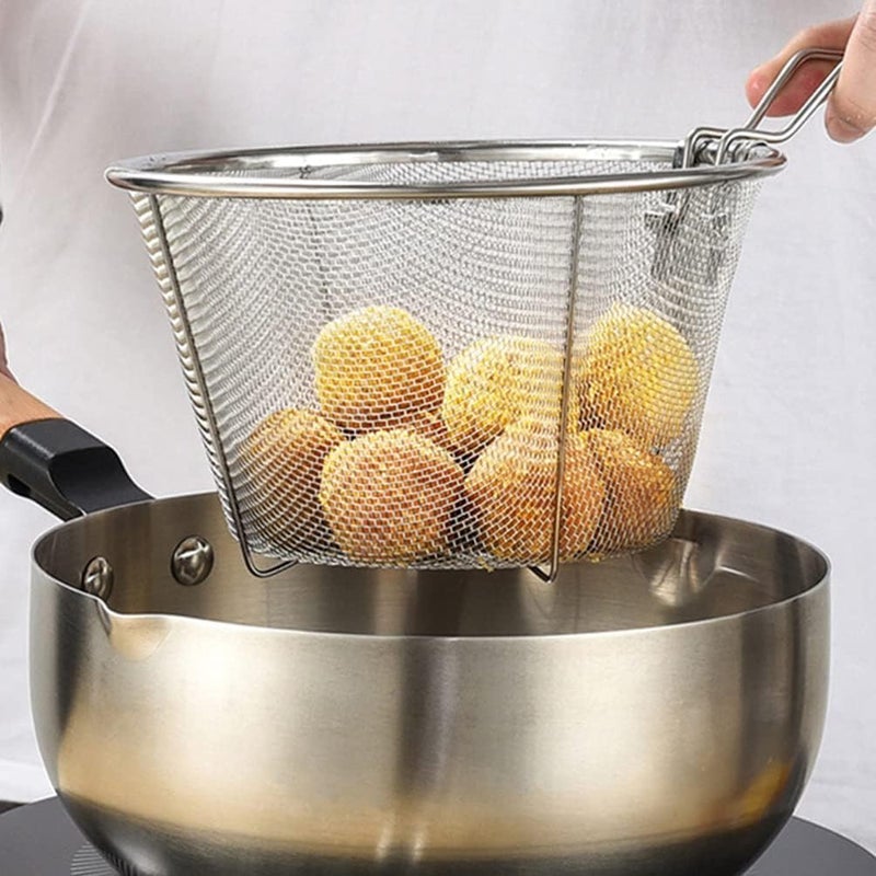 Gyanadh Small Strainer Colander Round Wire Frying Basket Deep Fryer Stainless Steel Folding Handle French Fries Fried Chicken Food Cooking Kitchen Mesh Home 30x18x10 CM - Image 4