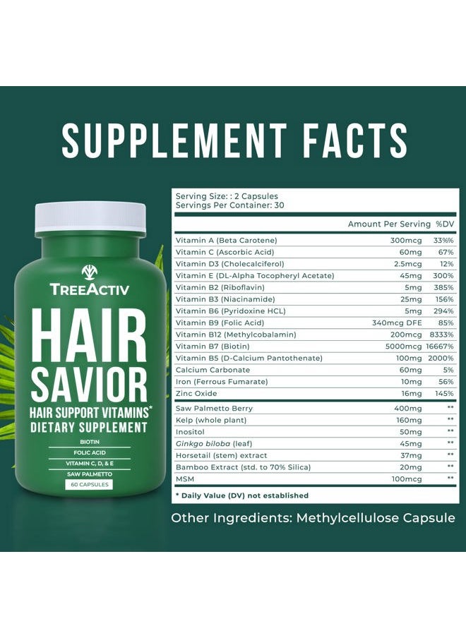 TreeActiv Hair Savior | Biotin + Saw Palmetto Hair Growth Vitamins | Volumizer & Thickening Supplement for Men, Women | Folate, MSM, B Complex Pills for Hair, Skin, Nails | 60 Capsules, 30-Day Supply  - Image 2