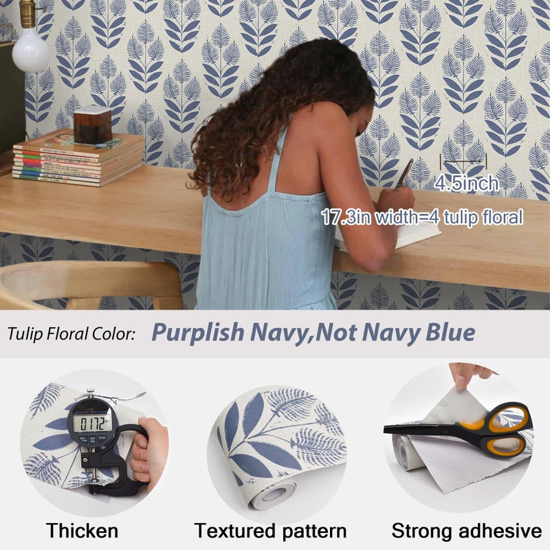 Naphite Tulip Floral Peel and Stick Wallpaper Vintage Leaf Boho Contact Paper for Cabinets Neutral Self Adhesive Wallpaper for Bedroom Bathroom Waterproof Farmhouse Wall Decor Navy 17.3inW 78.7inL - Image 2