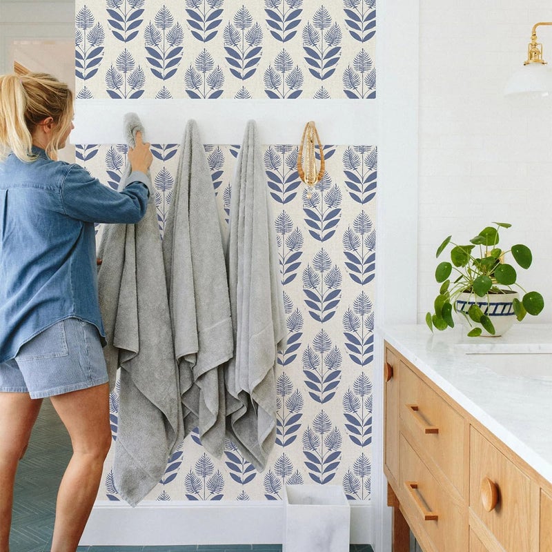 Naphite Tulip Floral Peel and Stick Wallpaper Vintage Leaf Boho Contact Paper for Cabinets Neutral Self Adhesive Wallpaper for Bedroom Bathroom Waterproof Farmhouse Wall Decor Navy 17.3inW 78.7inL - Image 4