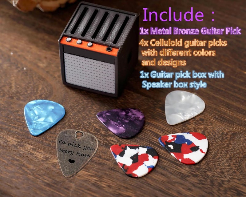 JUPPE 5Packs Guitar Pick Plectrums with Amp Speaker Holder Organizer Storage Case Metal and Variety Colorful Celluloid Plectrums for Bass Electric Acoustic Guitars Ukulele (Speaker box+5pcs picks) - Image 3
