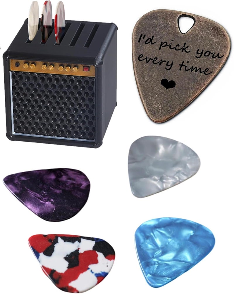 JUPPE 5Packs Guitar Pick Plectrums with Amp Speaker Holder Organizer Storage Case Metal and Variety Colorful Celluloid Plectrums for Bass Electric Acoustic Guitars Ukulele (Speaker box+5pcs picks) - Image 1