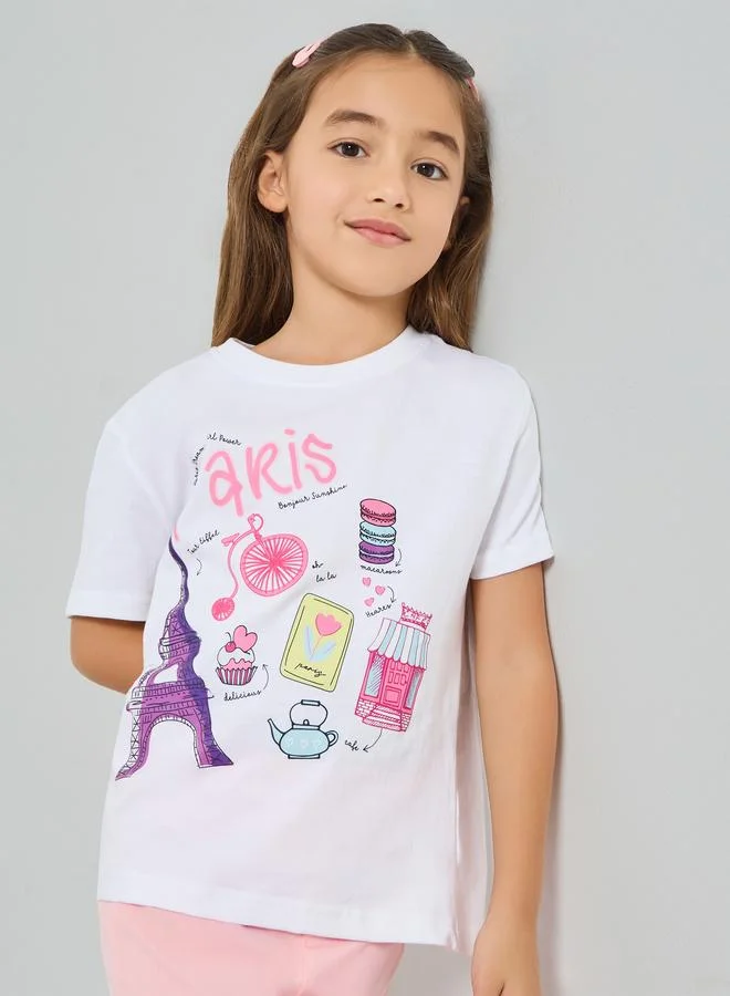 Styli Girls White Paris Graphic Print Cotton T-Shirt