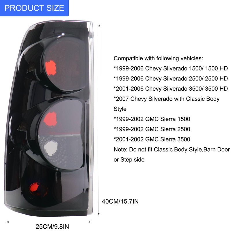 MOCW Tail Light Compatible With 1999-2006 Chevy Silverado 1500 2500 3500 2007 Classic,1999-2002 GMC Sierra 1500 2500 3500 Taillight Housing Replacement Left Driver & Right Passenger Side, Black/Smoke - Image 2