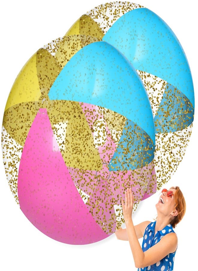 Realspring 2 Pcs 48'' Giant Beach Balls for Swimming Pool 4 Ft Jumbo Glitter Confetti Inflatable PVC Pool Balls Large Summer Blow up Beach Toys for Adults Summer Outdoor Party Favor(Colored) - Image 1