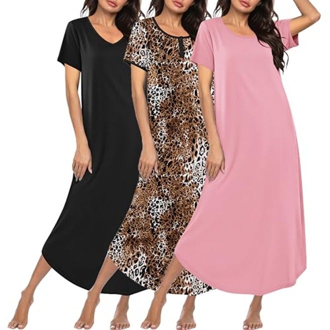 Ekouaer Women's 3-Pack Long Nightgowns Plus Size Soft Moo Moo Sleepwear Short Sleeve House Dress