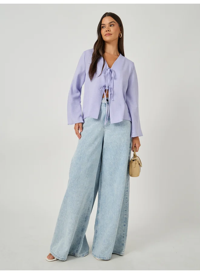 ستايلي Styli Plain V Neck Linen Look Top with Tie Detail
