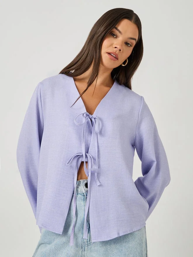 Styli Styli Plain V Neck Linen Look Top With Tie Detail