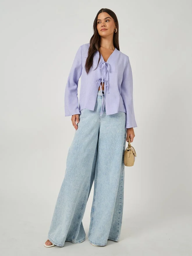 Styli Styli Plain V Neck Linen Look Top With Tie Detail