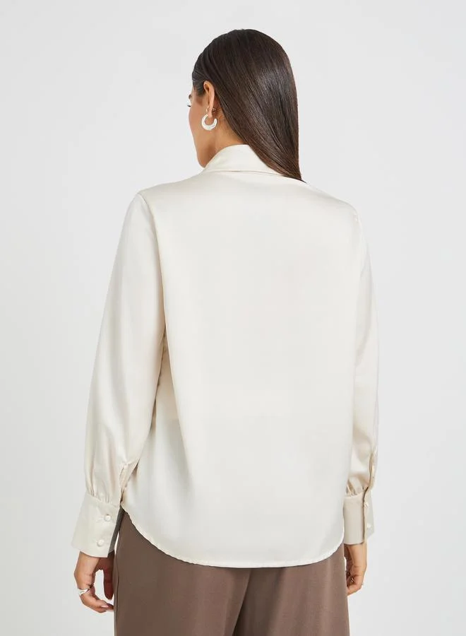 Styli Satin Balloon Sleeve Button-Down Blouse