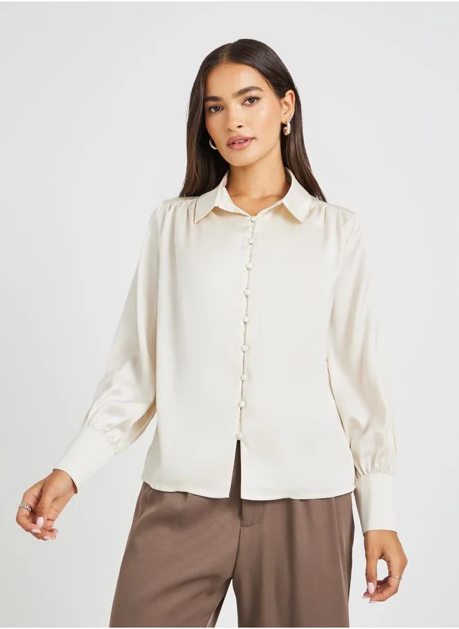 ستايلي Styli Satin Balloon Sleeve Button-Down Blouse