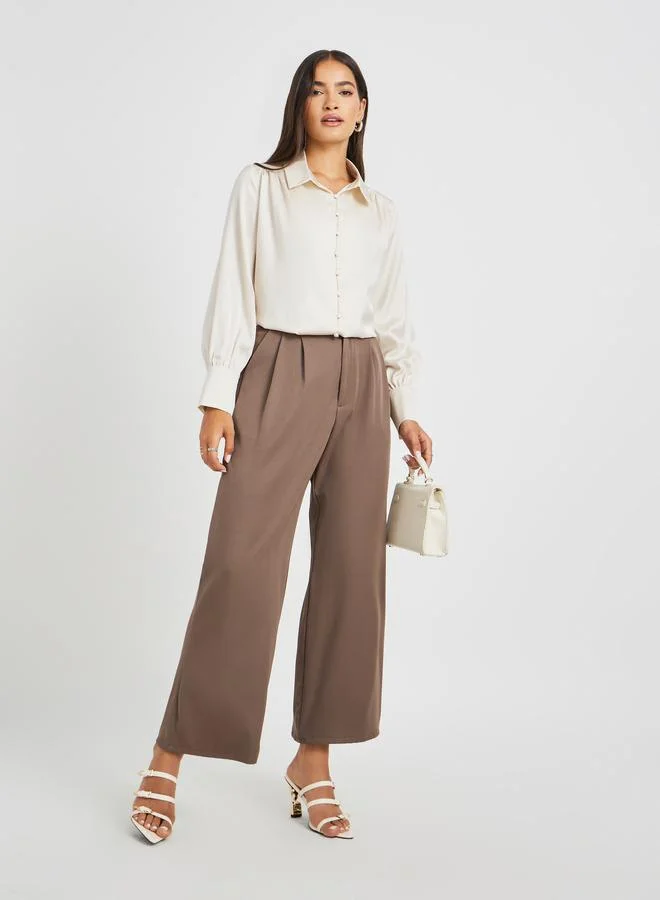 Styli Satin Balloon Sleeve Button-Down Blouse