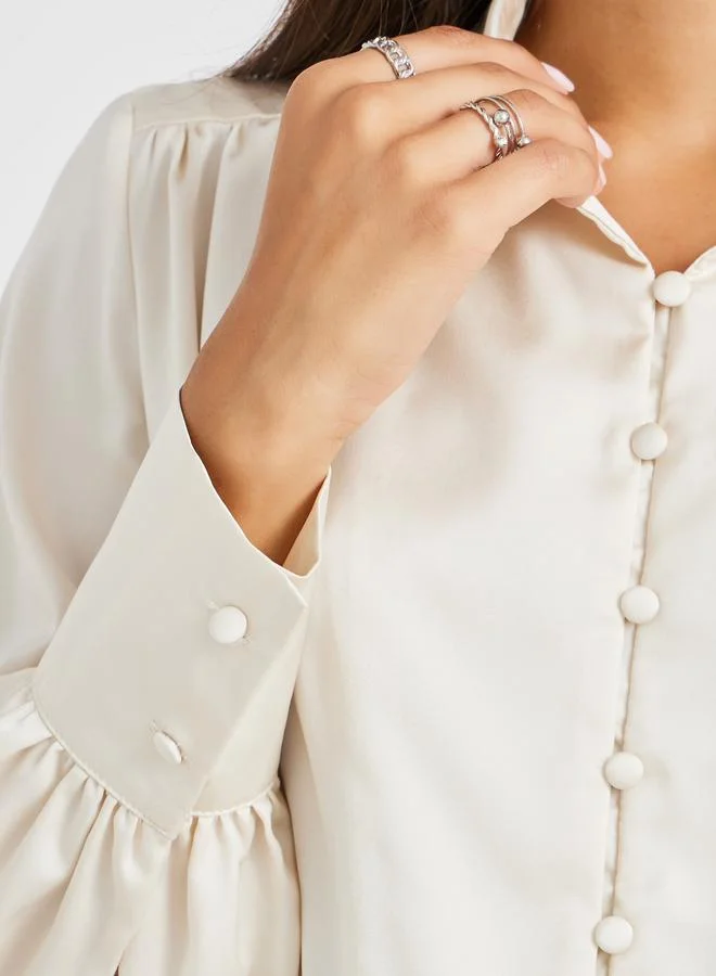 Styli Satin Balloon Sleeve Button-Down Blouse