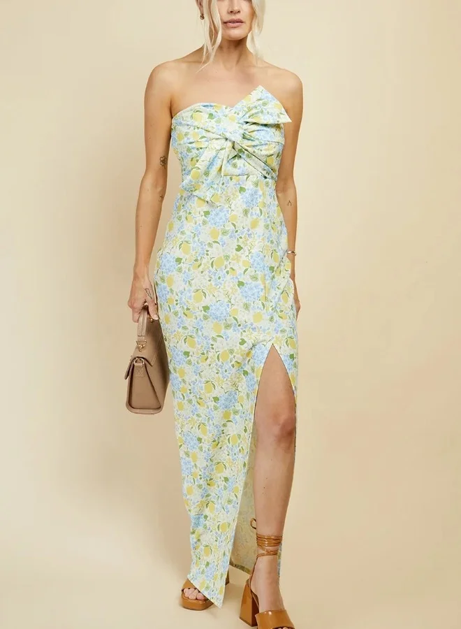 Lemon Floral Print Bow Detail Bandeau Maxi Dress