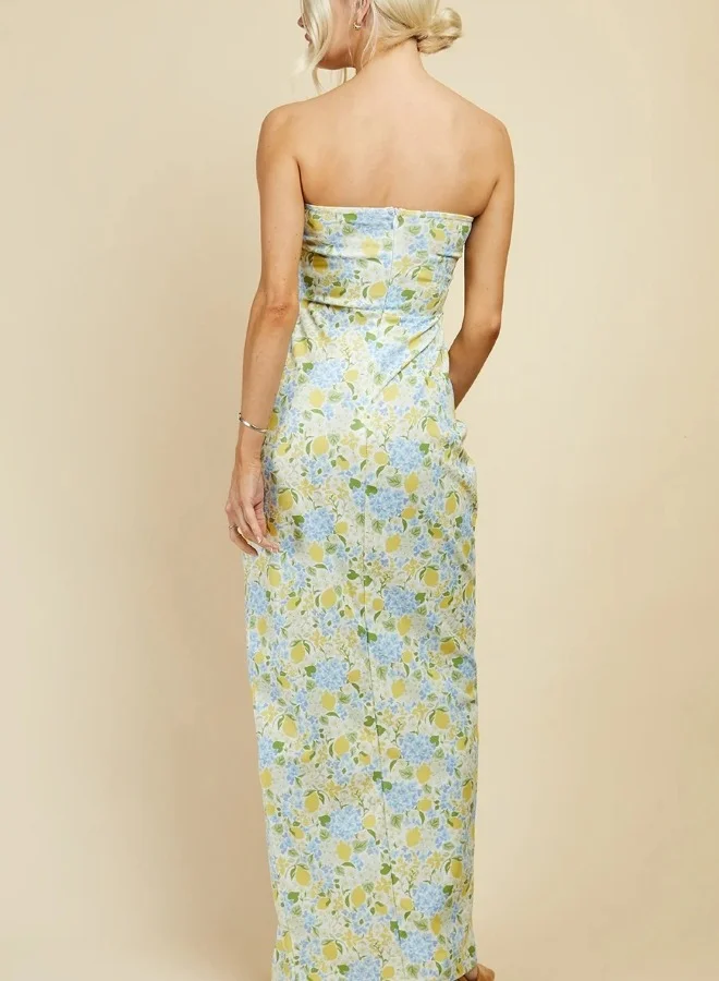 Little Mistress Lemon Floral Print Bow Detail Bandeau Maxi Dress