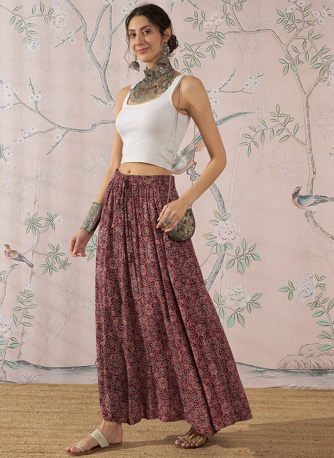 InWeave Maroon Printed A-Line Flared Maxi Skirt for Women - Image 4