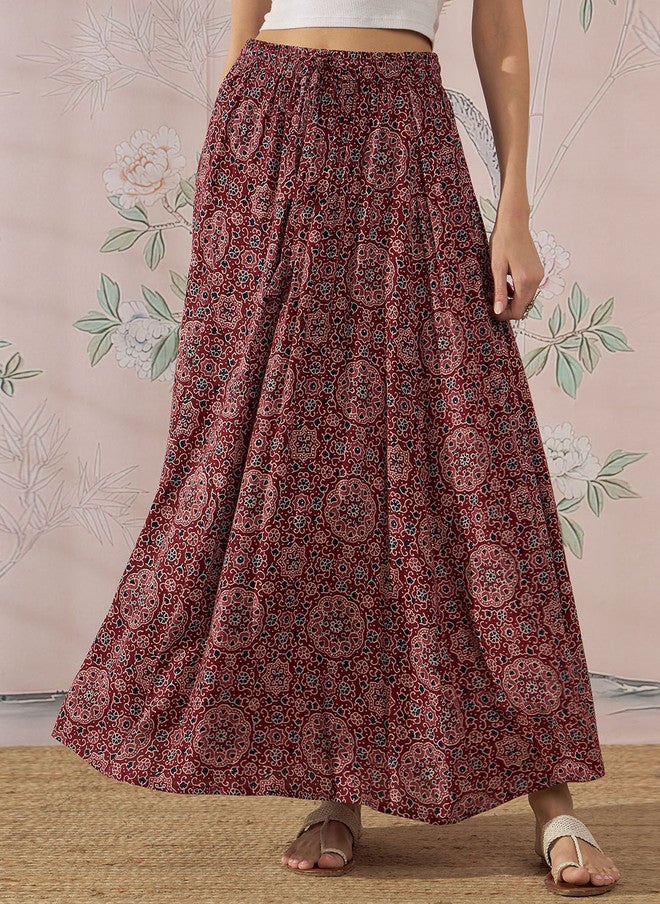 InWeave Maroon Printed A-Line Flared Maxi Skirt for Women - Image 1