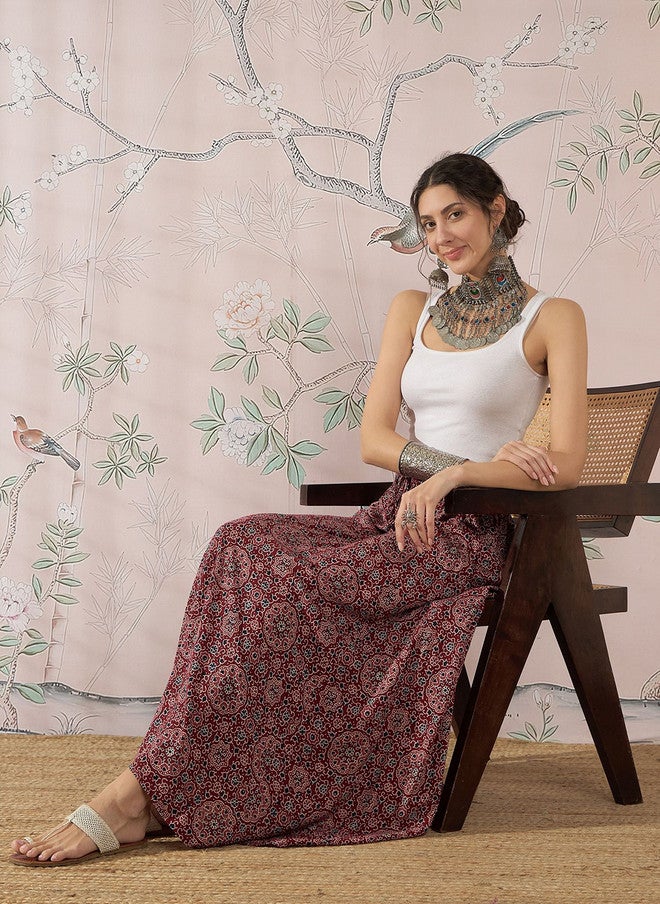 InWeave Maroon Printed A-Line Flared Maxi Skirt for Women - Image 5