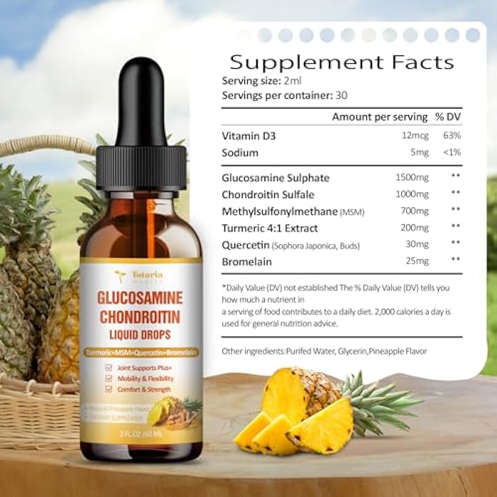 Totaria Glucosamine Chondroitin MSM Liquid Drops, Vitamin D3 - Joint Support Supplement for Mobility, Flexibility & Bones Chondroitin Sulfate Supplement Turmeric, Quercetin, Bromelain, MSM Oil 2 FL.OZ - Image 5