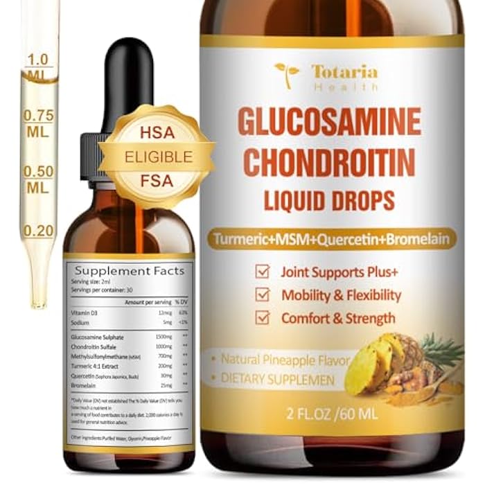Totaria Glucosamine Chondroitin MSM Liquid Drops, Vitamin D3 - Joint Support Supplement for Mobility, Flexibility & Bones Chondroitin Sulfate Supplement Turmeric, Quercetin, Bromelain, MSM Oil 2 FL.OZ - Image 1