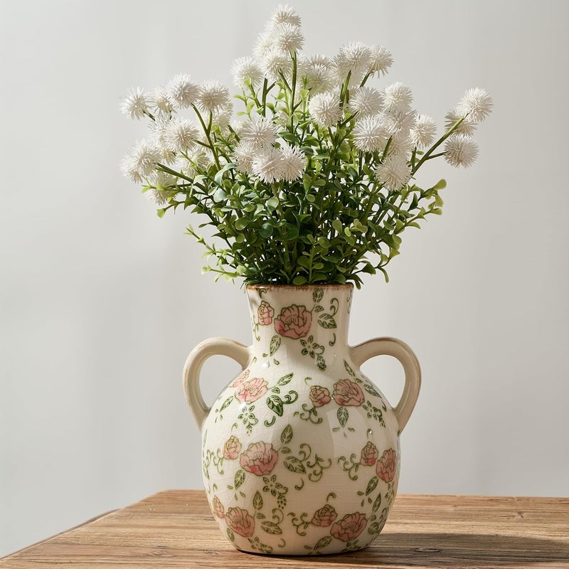 SIDUCAL Ceramic Vintage Pastoral Vase with Handles, 7 Inch Chinoiserie Floral Vase, Retro Ice Cracked Rustic Farmhouse Vases for Home Decor, Living Room, Bookshelf, Office, Tuscan Decor, Red Rose - Image 1