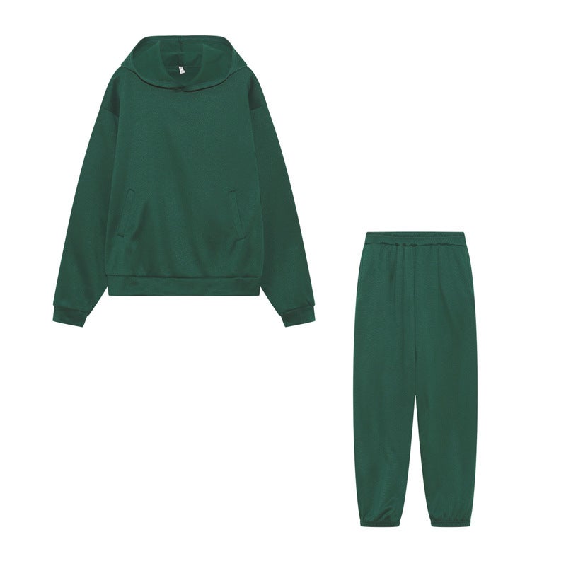 African European and American autumn and winter cross-border fashion casual womens clothing thickened long-sleeved hooded sweater trousers two-piece suit for women Dark green