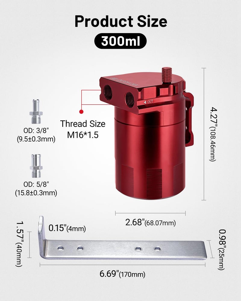 EVIL ENERGY Oil Catch Can, Universal Baffled Catch Can Kit with NBR Fuel Hose, 300ml Aluminum Air Oil Separator Tank for PCV System Red - Image 3