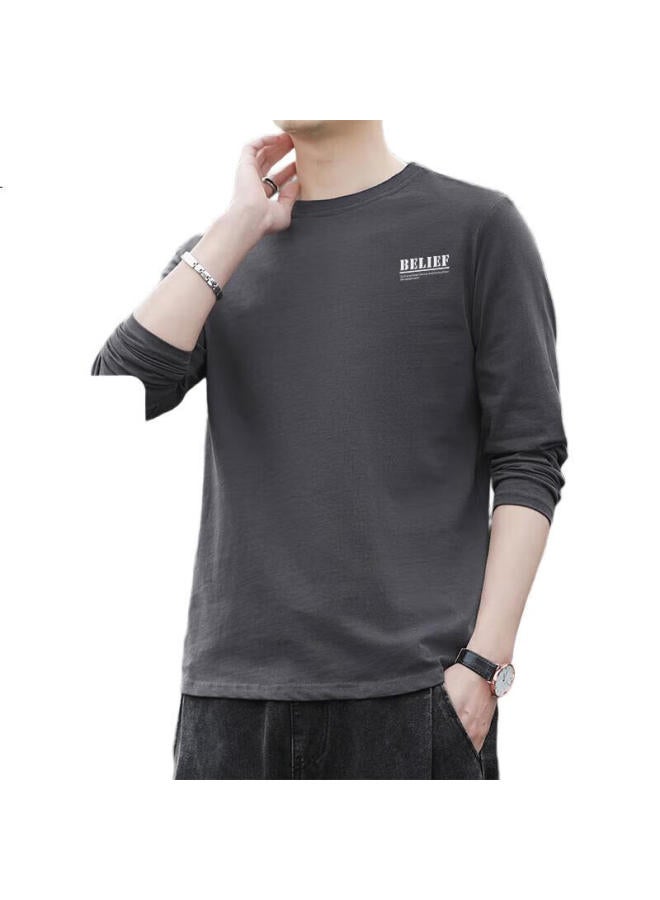 Pull Back Warrior Long Sleeve T-Shirt Men'S Spring And Autumn Solid Color Cotton Bottoming Shirt Loose Round Neck Basic Style All-Match Top Gray 4Xl - Image 3