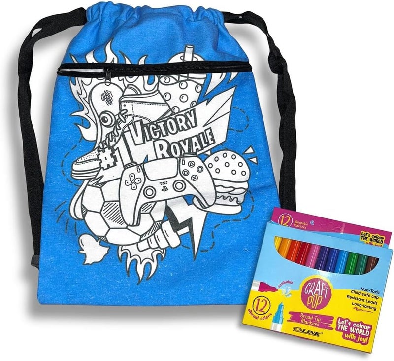 Victory Royale drawstring bag with 12 Non-Toxic Markers, Blue Gaming Design, DIY Arts and Crafts Set