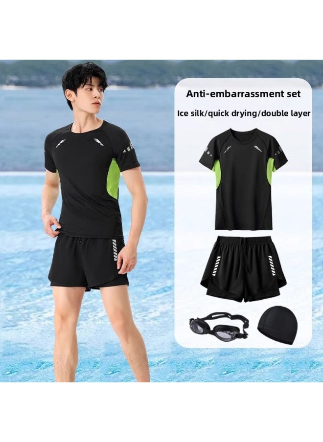 Generic - 2025 Split Swimsuit Suit Swim Trunks Men's Full Body Sun Protection Short Sleeve Top Swimming Summer Embarrassment-proof Double Layer-Color:Sci-fi Short-sleeved Three-piece Suit [with Swimming Goggles]- - Image 1