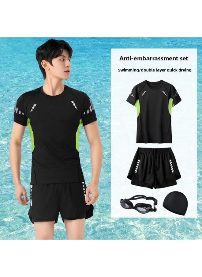 Generic - 2025 Split Swimsuit Suit Swim Trunks Men's Full Body Sun Protection Short Sleeve Top Swimming Summer Embarrassment-proof Double Layer-Color:Sci-fi Short-sleeved Three-piece Suit [with Swimming Goggles]- - Image 1