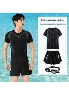 2025 Split Swimsuit Suit Swim Trunks Men's Full Body Sun Protection Short Sleeve Top Swimming Summer Embarrassment-proof Double Layer-Color:Sci-fi Short-sleeved Three-piece Suit [with Swimming Goggles]-