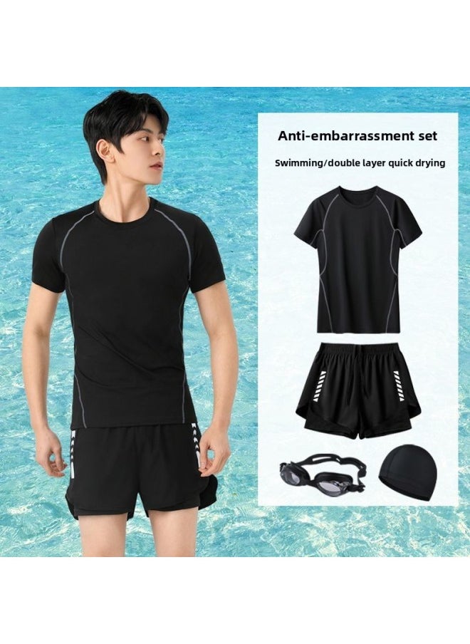 Generic - 2025 Split Swimsuit Suit Swim Trunks Men's Full Body Sun Protection Short Sleeve Top Swimming Summer Embarrassment-proof Double Layer-Color:Sci-fi Short-sleeved Three-piece Suit [with Swimming Goggles]- - Image 1