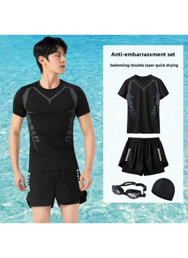 Generic - 2025 Split Swimsuit Suit Swim Trunks Men's Full Body Sun Protection Short Sleeve Top Swimming Summer Embarrassment-proof Double Layer-Color:Sci-fi Short-sleeved Three-piece Suit [with Swimming Goggles]- - Image 1