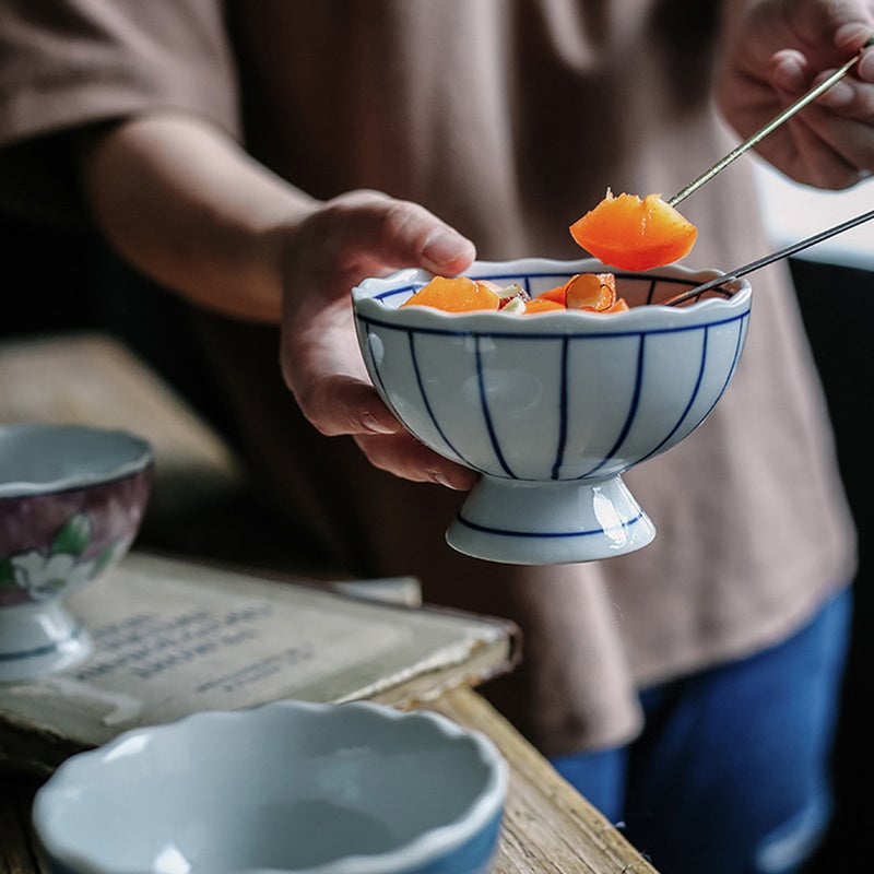 🍳 وعاء ياباني مع حامل من السيراميك المزجج لتقديم السلطة والآيس كريم مخطط - Image 1