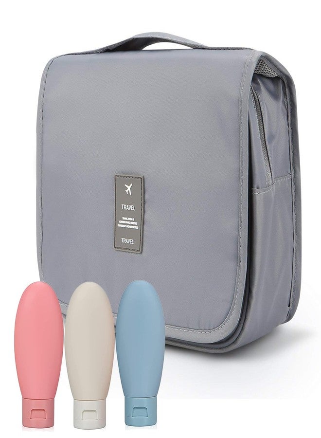Storescent Girls' Hanging Carry-On Case Cosmetic Bag for Vacation, Trips, and Gym (Grey) with Set of 3 Refillable Food Grade Travel Bottles - Image 1