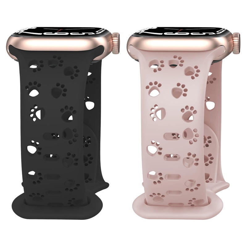 SUTQIGUI 2 Pack Silicone Black and Pink Bands Compatible with Apple Watch Band 38mm 40mm 41mm Women, Hollow-Out Dog Paw Design Sport Soft Strap for iWatch SE1 SE2 Series 9/8/7/6/5/4/3/2/1 Men - Image 1