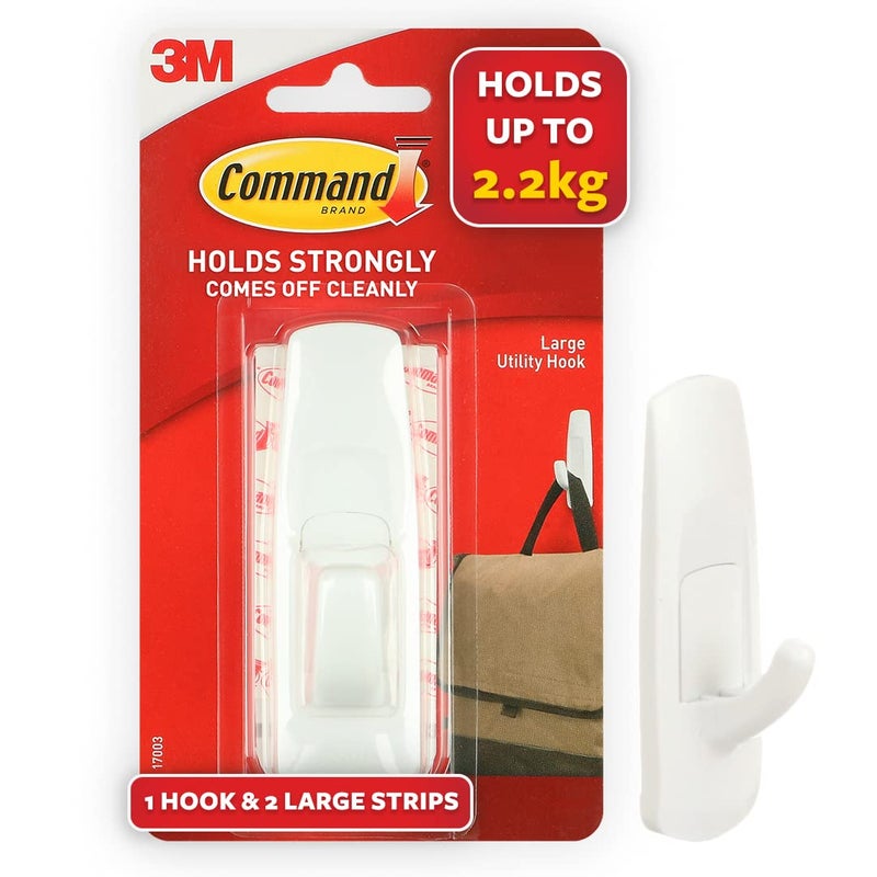 Command Command Self Adhesive Plastic Damage Free Wall Hooks 1 Large Hook and 2 Strips Holds 22kg White  - Image 1