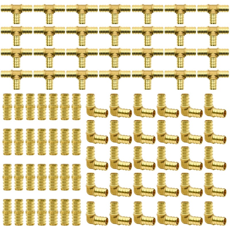 90pcs 12 PEX Fittings Elbow TEE Straight Couplings Set PEX Brass Crimp Fitting Combo with Tees Elbows Straights
