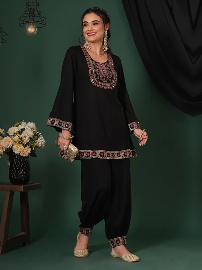 globus Women Embroidered Yoke Bell Sleeves Tunic & Afghani Pants Fusion Co-Ord Set