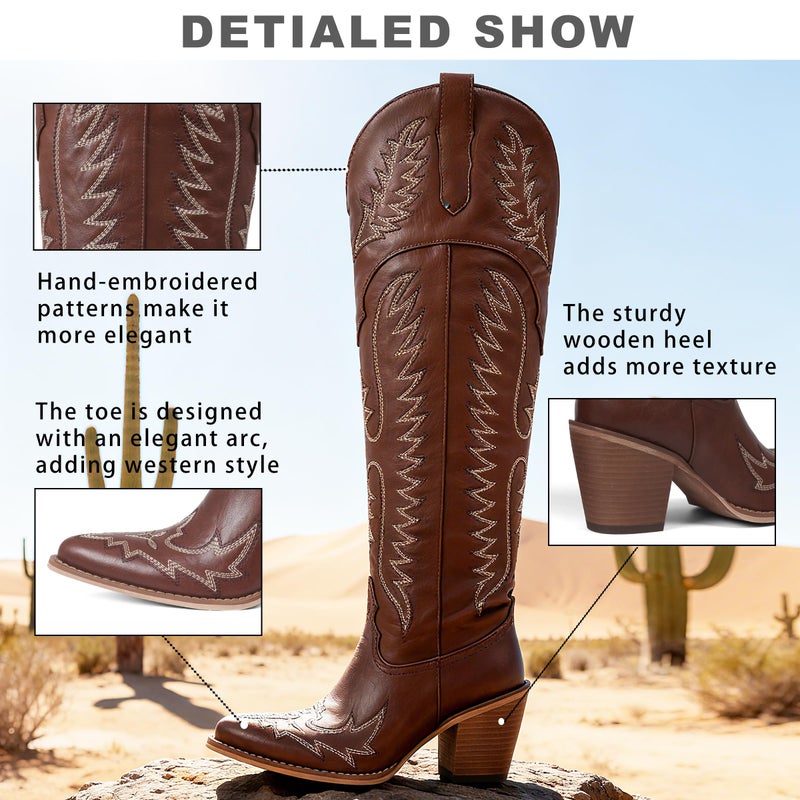 CELNEPHO Cowboy Boots For Women Over The Knee Western Boots With Classic Embroidered Chunky Heel Slip On Zipper Square Toe Fashion Cowgirl Thigh High Boots For Women - Image 4